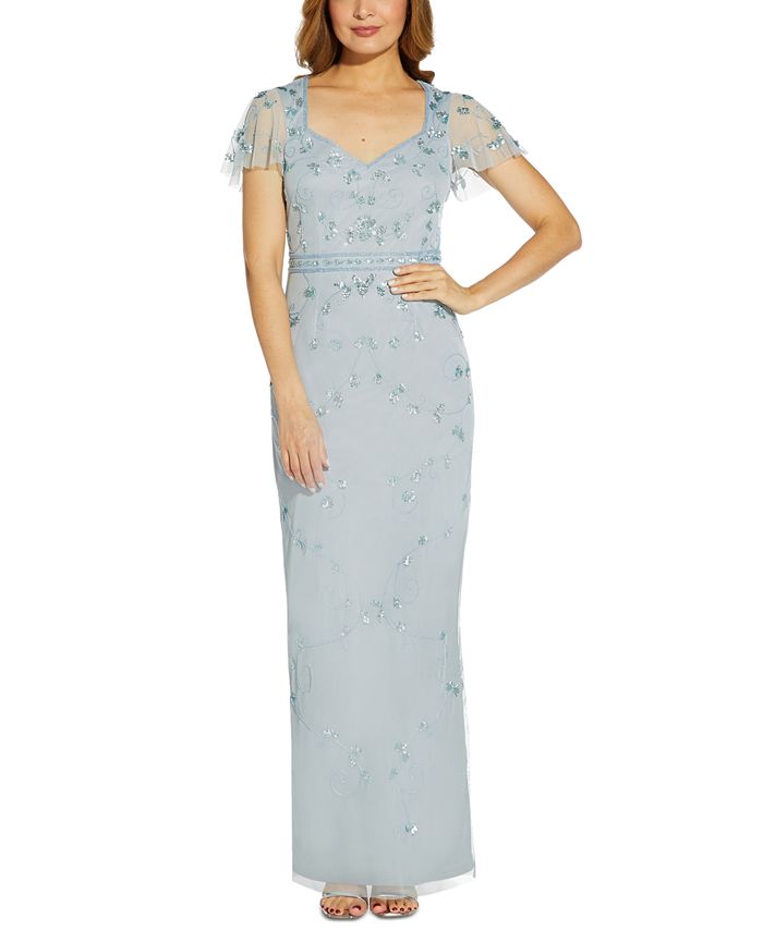 Vestido justo feminino com decote coração e aplicações embelezadas, azul, tamanho 8, da Papell Studio