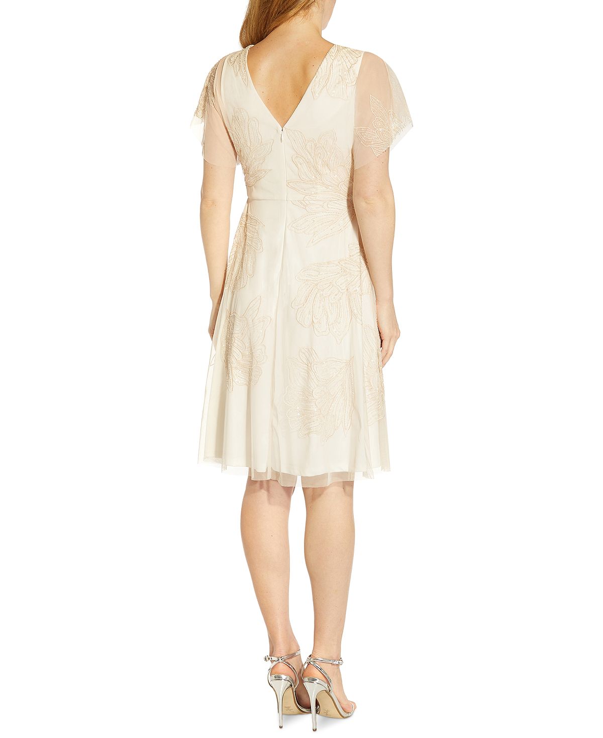 Vestido de coquetel feminino Adrianna Papell com contas bege tamanho 16