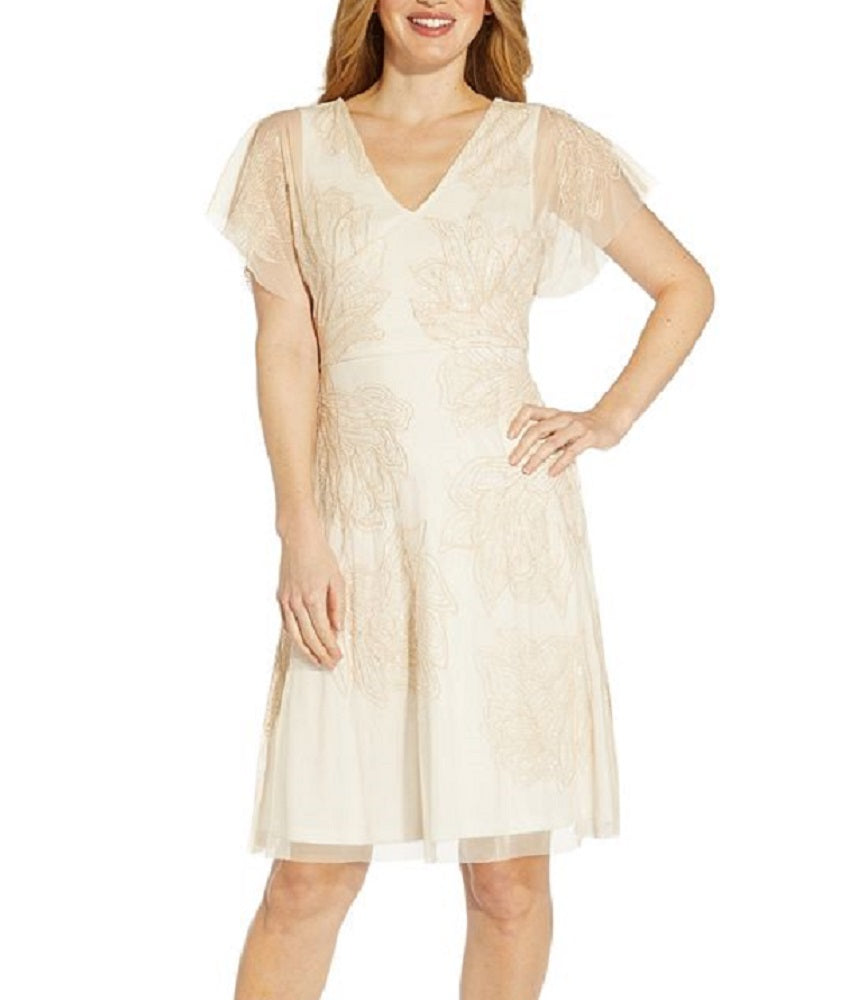 Vestido de coquetel feminino Adrianna Papell com contas bege tamanho 16