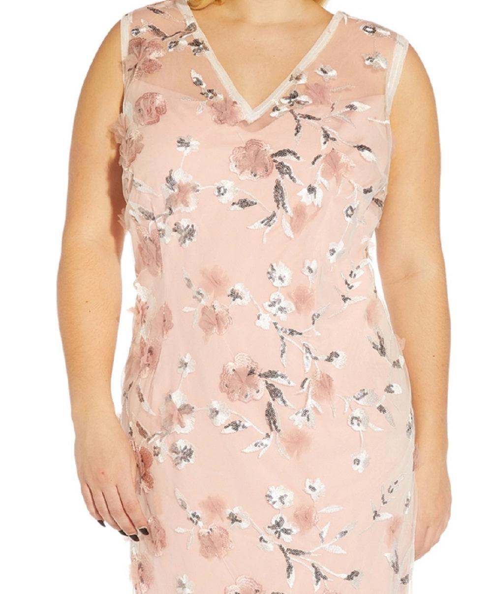 Vestido feminino Adrianna Papell com apliques florais e lantejoulas, marrom, tamanho 14W