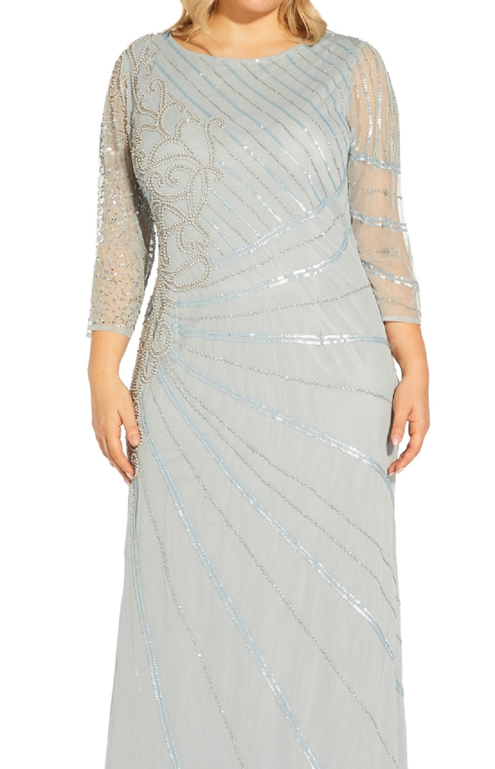 Vestido de festa feminino Adrianna Papell azul com contas, tamanho 16W