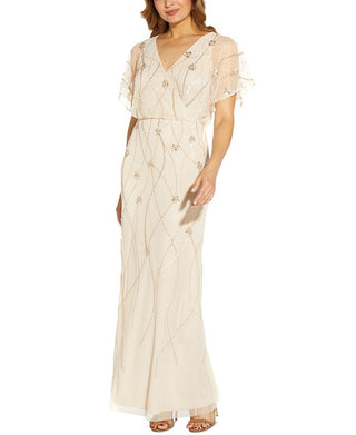 Adrianna Papell Women's Beaded Illusion Blouson Gown Brown Size 4Petite