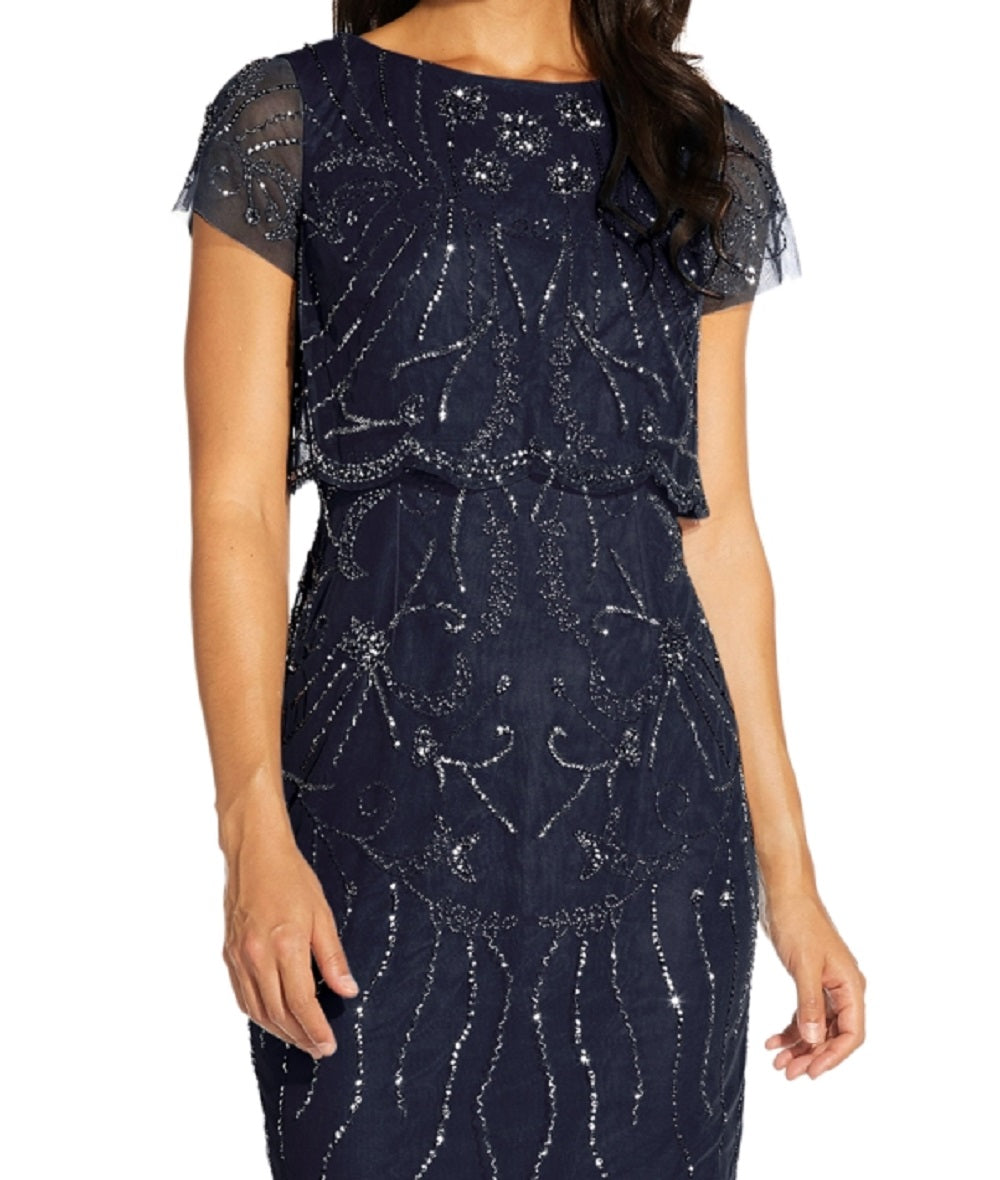 Vestido feminino Adrianna Papell com sobreposição embelezada, azul, tamanho 2