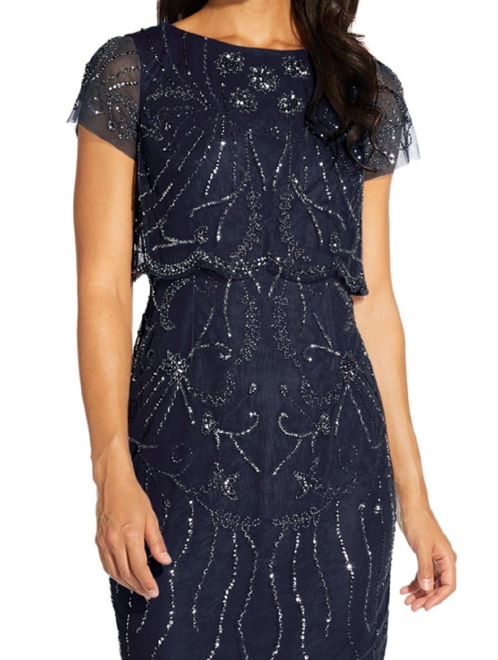 Vestido feminino Adrianna Papell com sobreposição embelezada, azul, tamanho 4