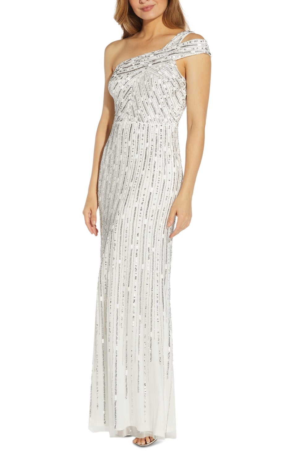 Vestido de festa feminino Adrianna Papell com um ombro só e contas, branco, tamanho 4