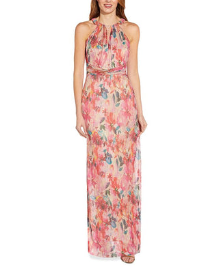 Adrianna Papell Women's Floral Metallic Pleated Halter Gown Brown Size 12