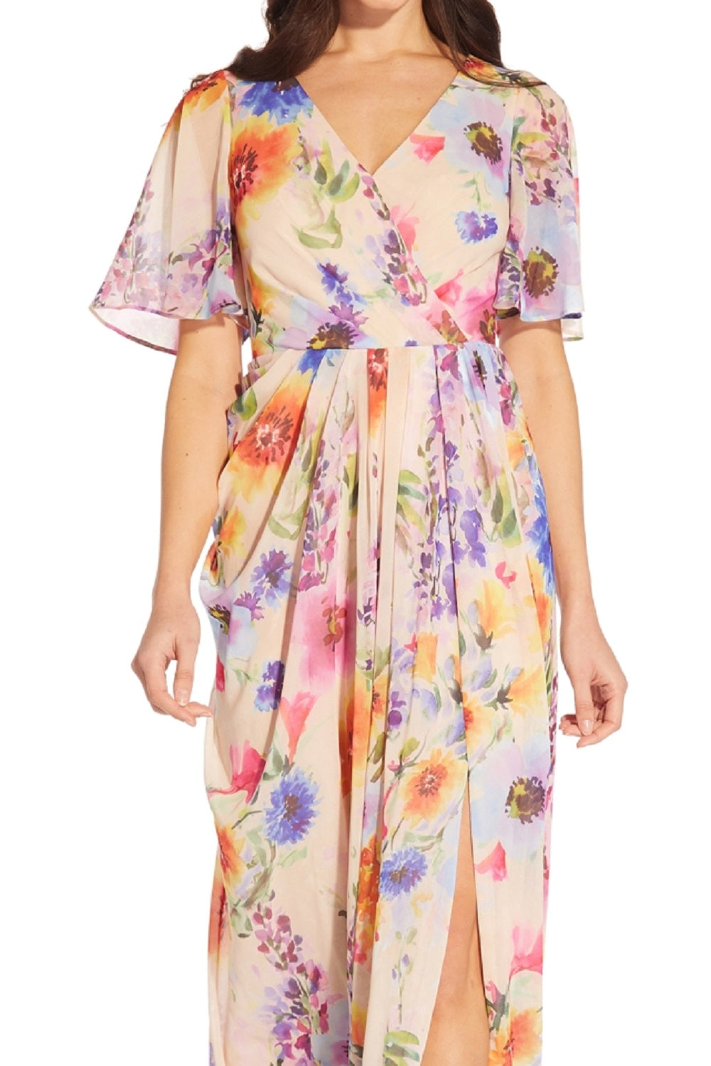 Vestido de chiffon com estampa floral feminino Adrianna Papell, marrom, tamanho 6