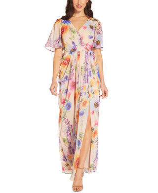 Adrianna Papell Women's Floral Print Chiffon Gown Brown Size 6