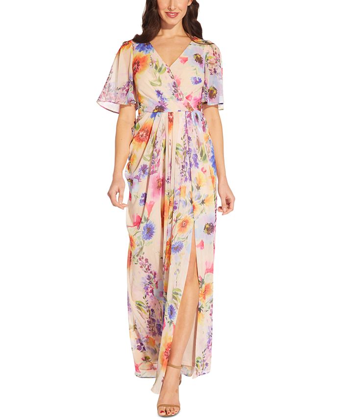 Vestido de chiffon com estampa floral feminino Adrianna Papell, marrom, tamanho 10