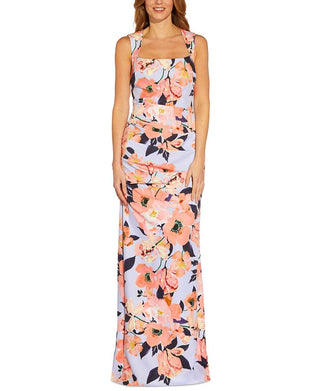 Adrianna Papell Women's Square Neck Floral Print Gown Blue Size 10