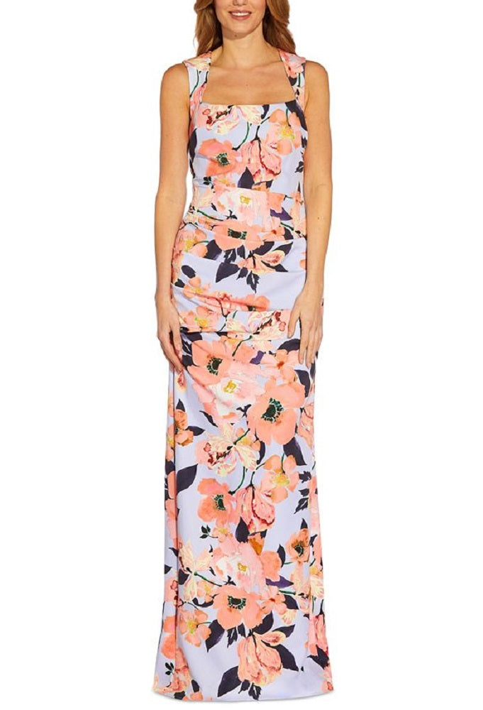 Vestido feminino Adrianna Papell com decote quadrado e estampa floral, azul, tamanho 14