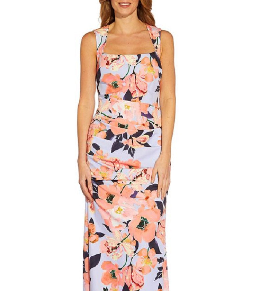 Vestido feminino Adrianna Papell com decote quadrado e estampa floral, azul, tamanho 14