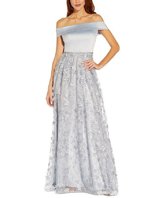 Adrianna Papell Women's Embroidered Floral Off The Shoulder Gown Blue Size 8