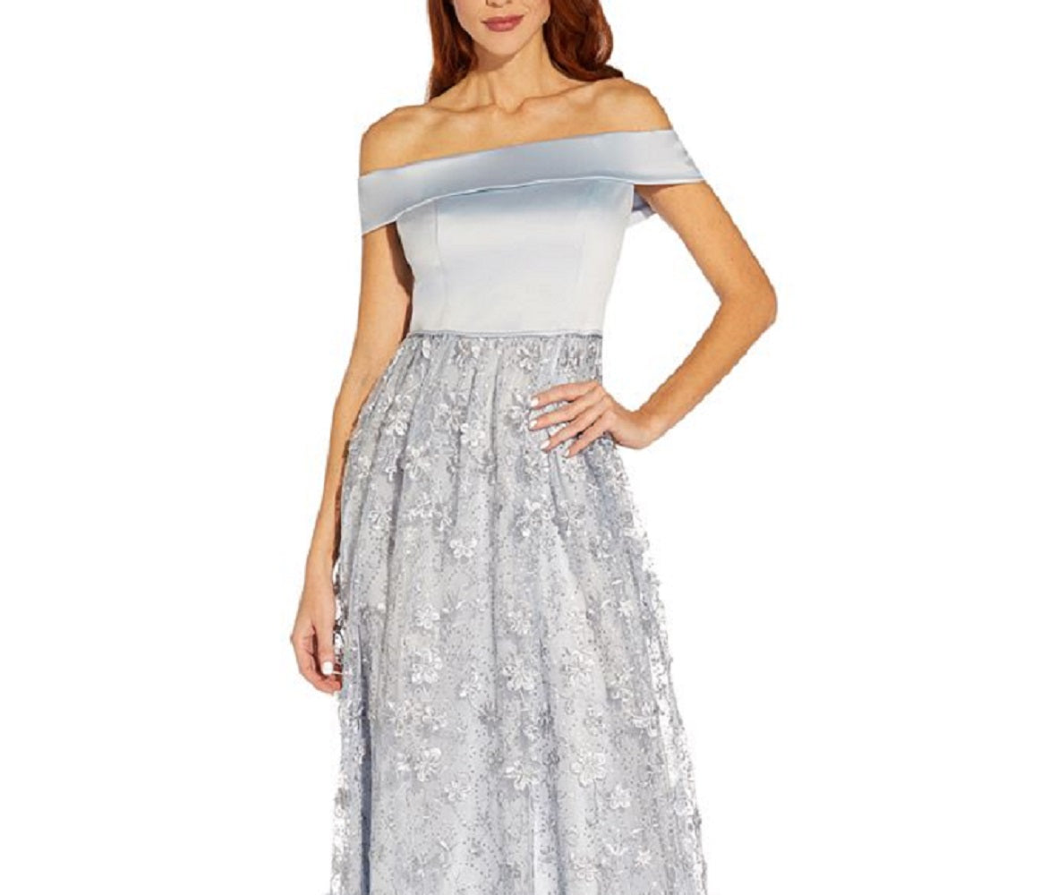 Vestido feminino Adrianna Papell com bordado floral e ombros de fora, azul, tamanho 8