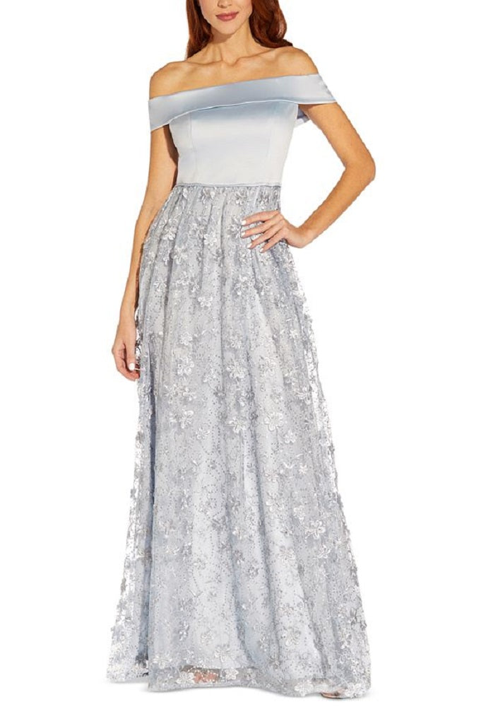 Vestido feminino Adrianna Papell com bordado floral e ombros de fora, azul, tamanho 12