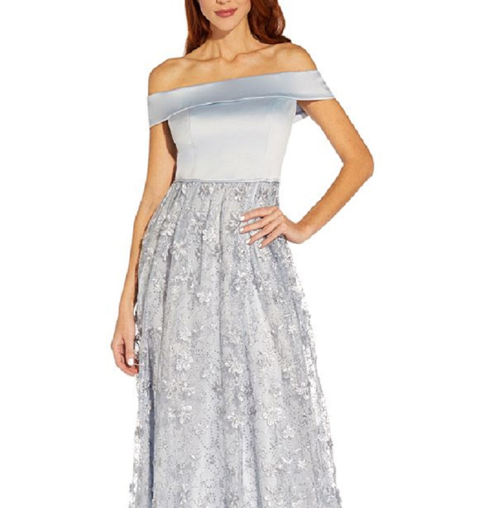 Vestido feminino Adrianna Papell com bordado floral e ombros de fora, azul, tamanho 12