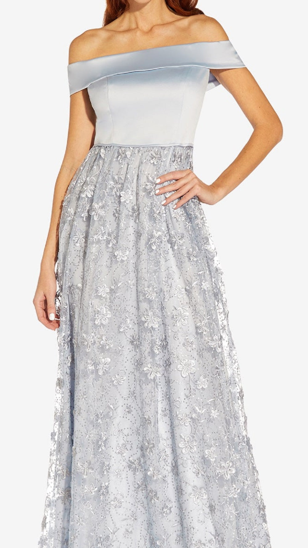 Vestido feminino Adrianna Papell com bordado floral e ombros de fora, azul, tamanho 16