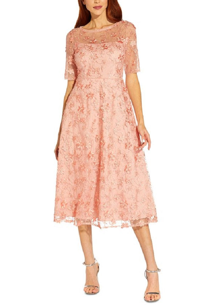 Vestido feminino bordado Adrianna Papell, estilo flare, rosa, tamanho 2