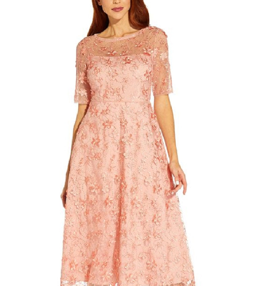 Vestido feminino bordado Adrianna Papell, estilo flare, rosa, tamanho 2