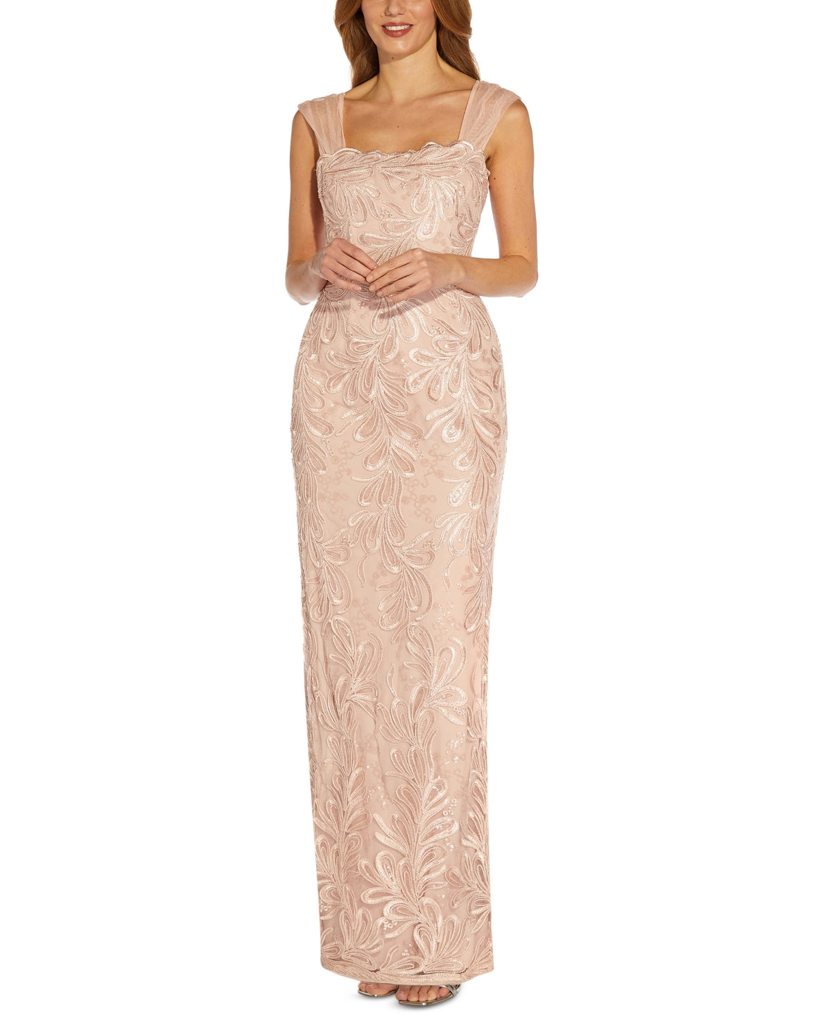 Vestido feminino Adrianna Papell, decote quadrado, sem mangas, bordado, com zíper, costas nuas, de malha, rosa, tamanho 0