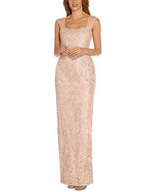 Adrianna Papell Women's Square Neck Sleeveless Embroidered Zipper Back Sit Back Mesh Dress Pink Size 0