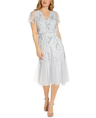 Adrianna Papell Women's Blouson Beaded Midi Dress Blue Size 14