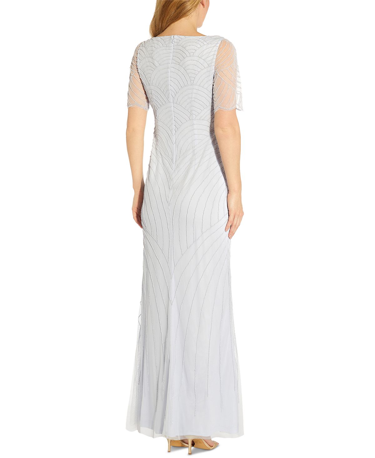 Vestido feminino Adrianna Papell com decote em V e contas, azul, tamanho 10