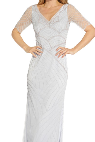 Vestido feminino Adrianna Papell com decote em V e contas, azul, tamanho 10