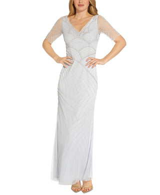 Vestido feminino Adrianna Papell com decote em V e contas, azul, tamanho 10