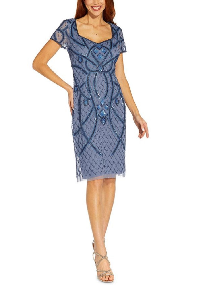 Vestido tubinho com recorte nas costas e contas Adrianna Papell, azul, tamanho 16