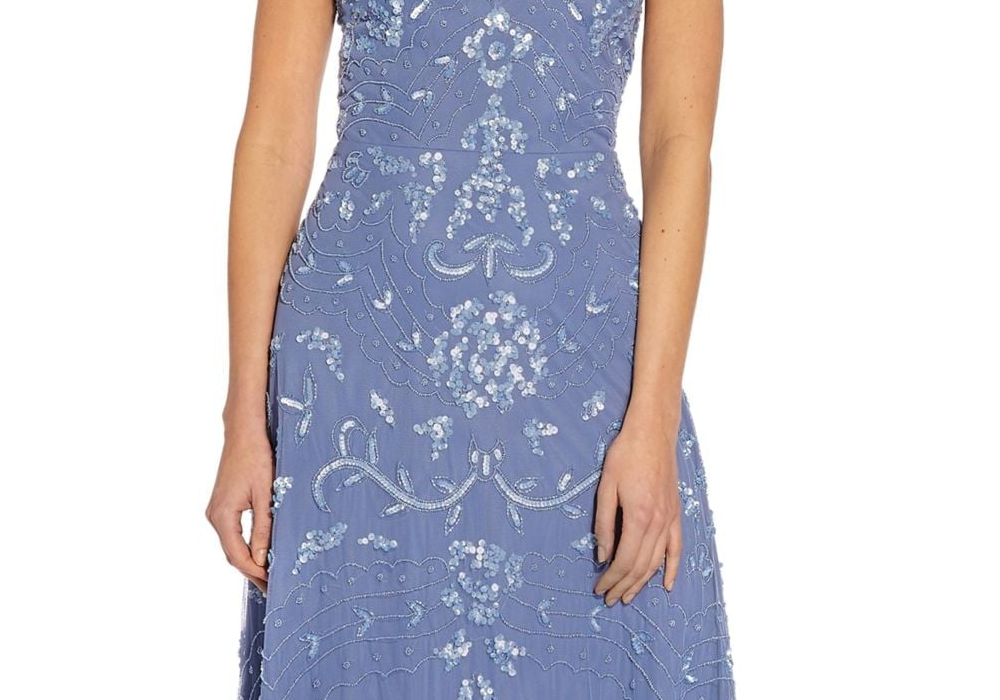 ADRIANNA PAPELL Vestido longo de festa feminino azul com zíper forrado, sem mangas, decote em V, tamanho 16