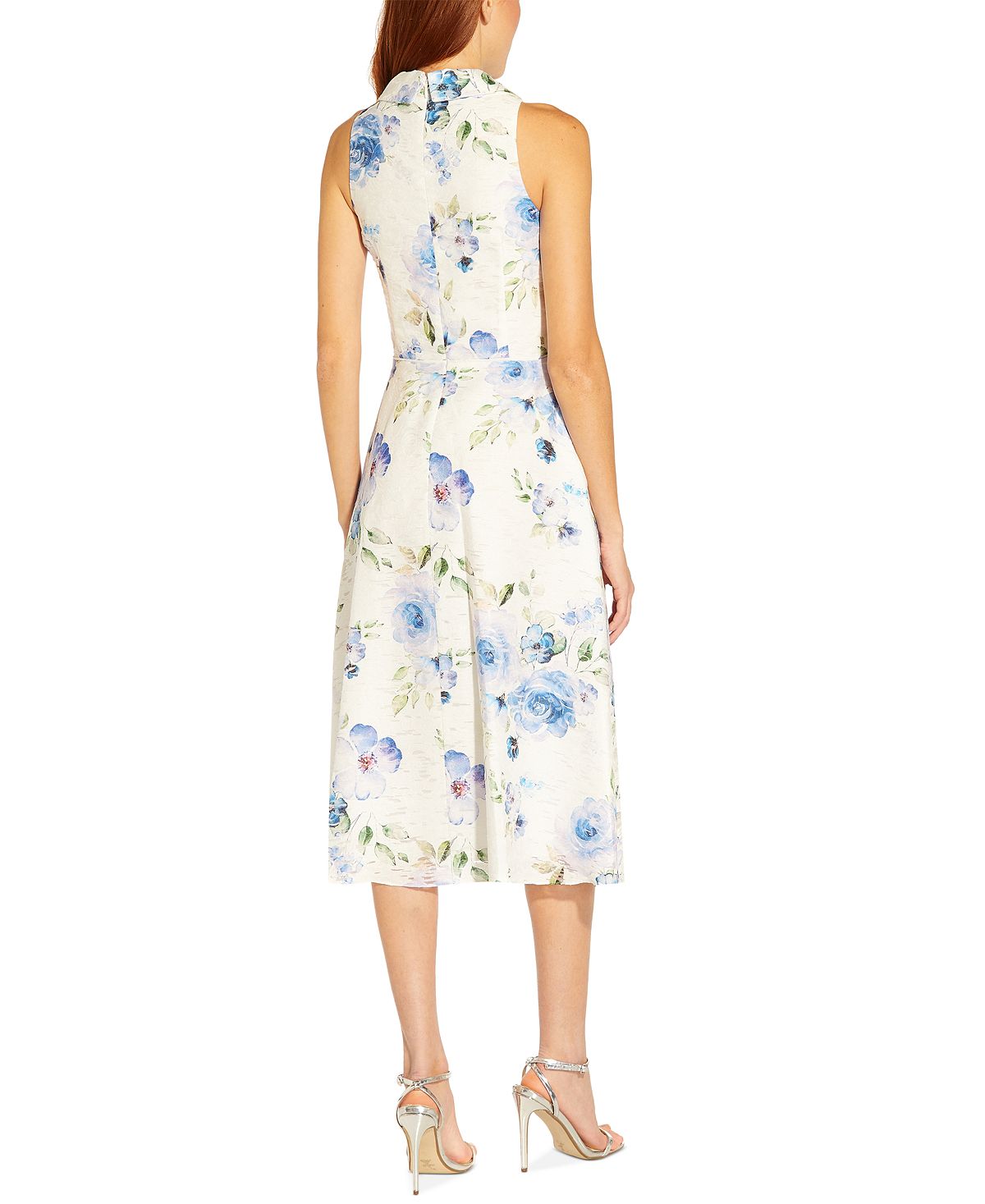 Vestido feminino Adrianna Papell com estampa floral jacquard, sem mangas, justo e evasê, azul, tamanho 16