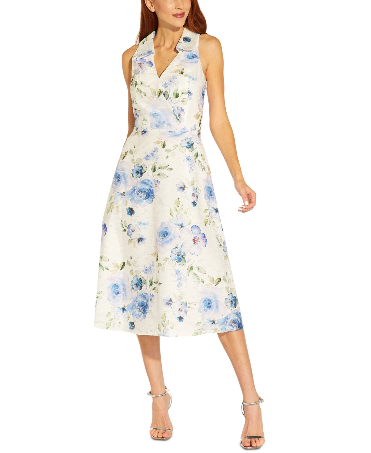 Vestido feminino Adrianna Papell com estampa floral jacquard, sem mangas, justo e evasê, azul, tamanho 16