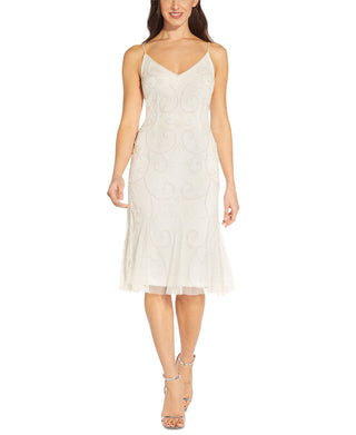 Vestido de coquetel feminino Adrianna Papell com contas, branco, tamanho 6
