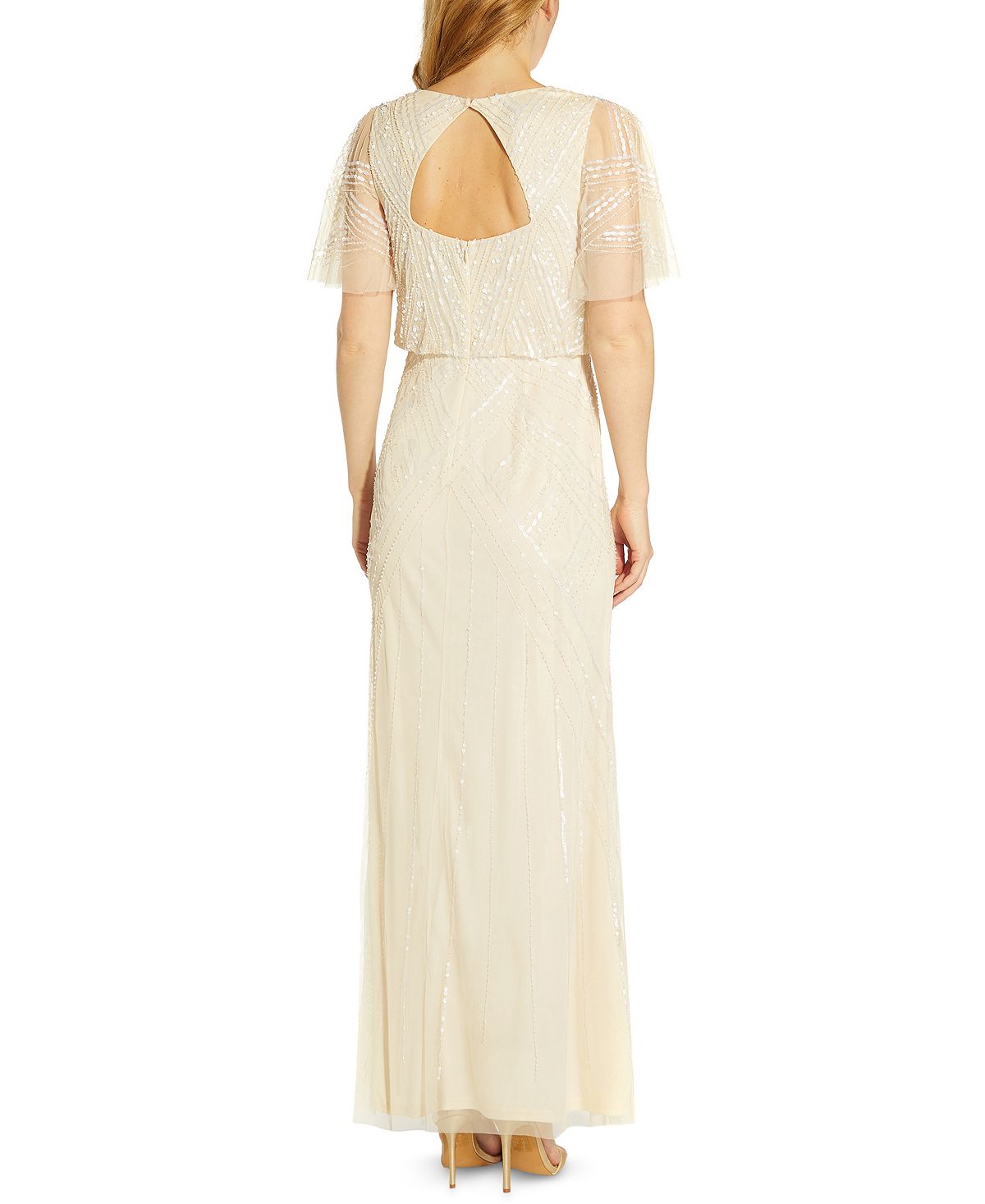 Vestido feminino Adrianna Papell com decote nas costas e contas, bege, tamanho 6
