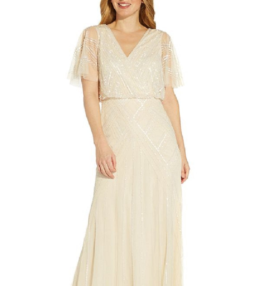 Vestido feminino Adrianna Papell com decote nas costas e contas, bege, tamanho 6