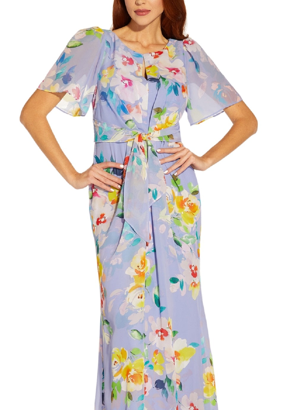 Vestido de chiffon com estampa floral feminino Adrianna Papell, roxo, tamanho 4