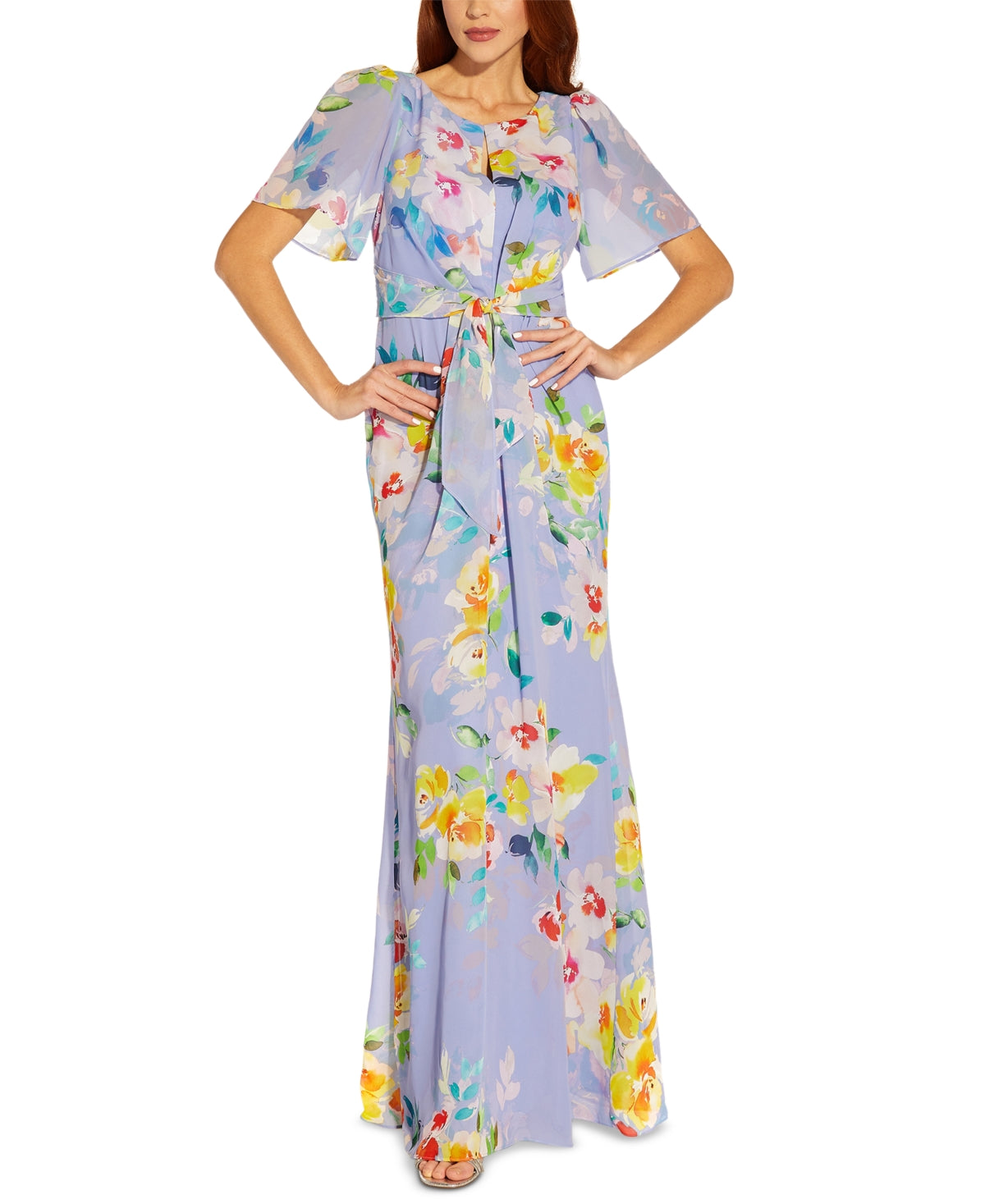Vestido de chiffon com estampa floral feminino Adrianna Papell, roxo, tamanho 4