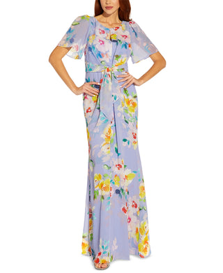 Adrianna Papell Women's Floral Print Chiffon Gown Purple Size 6