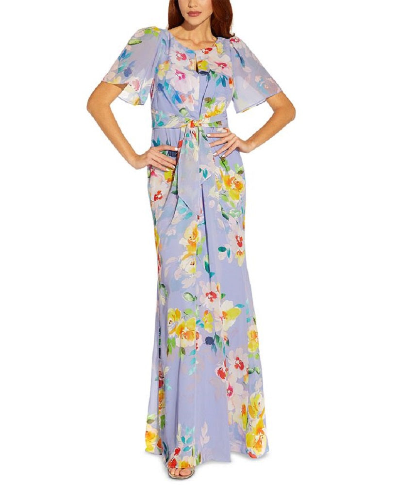 Vestido de chiffon com estampa floral feminino Adrianna Papell, roxo, tamanho 12