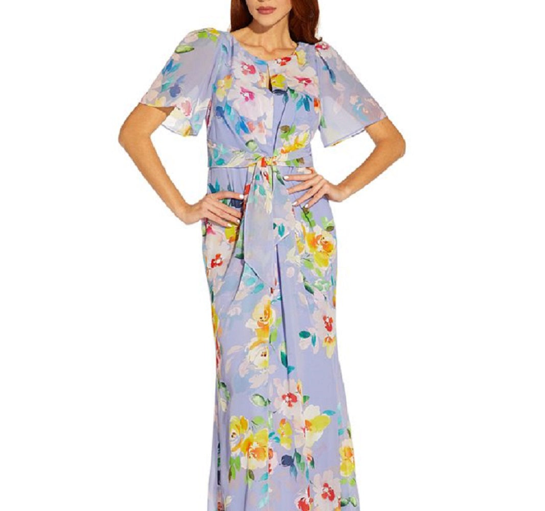 Vestido de chiffon com estampa floral feminino Adrianna Papell, roxo, tamanho 12