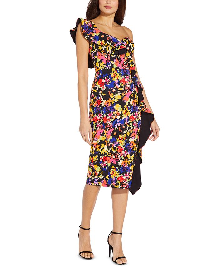 Vestido feminino Aidan By Aidan Mattox com estampa floral e babados, um ombro só, preto, tamanho 6