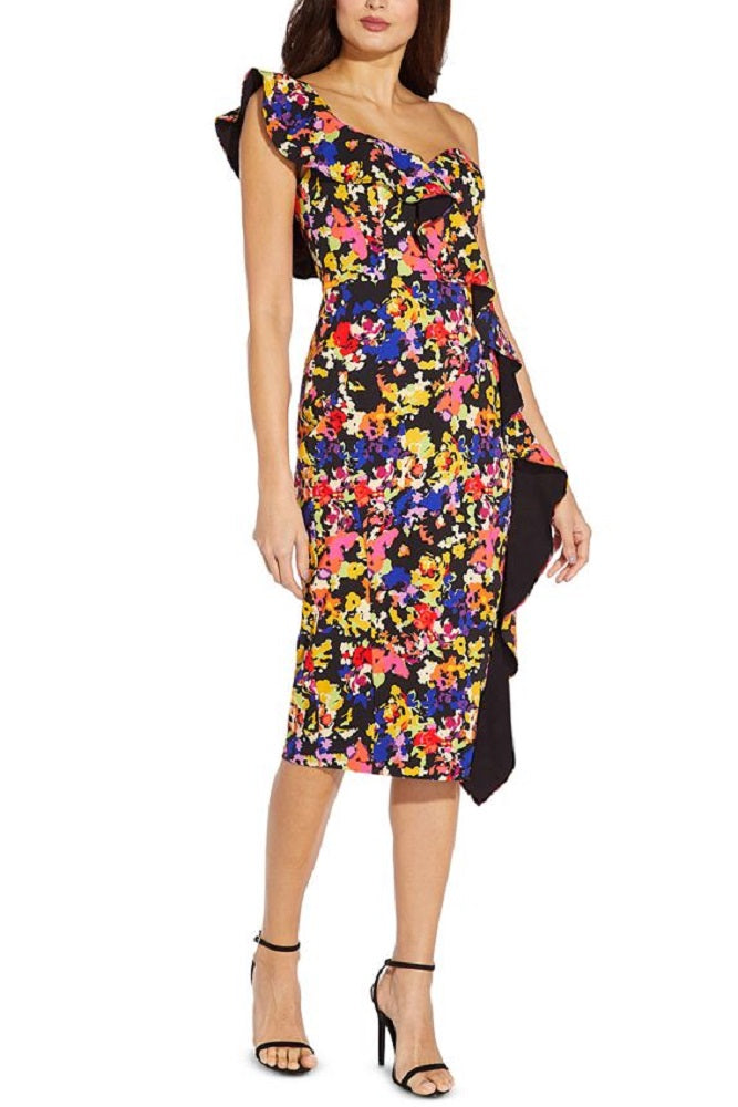 Vestido feminino Aidan By Aidan Mattox com estampa floral e babados, um ombro só, preto, tamanho 10