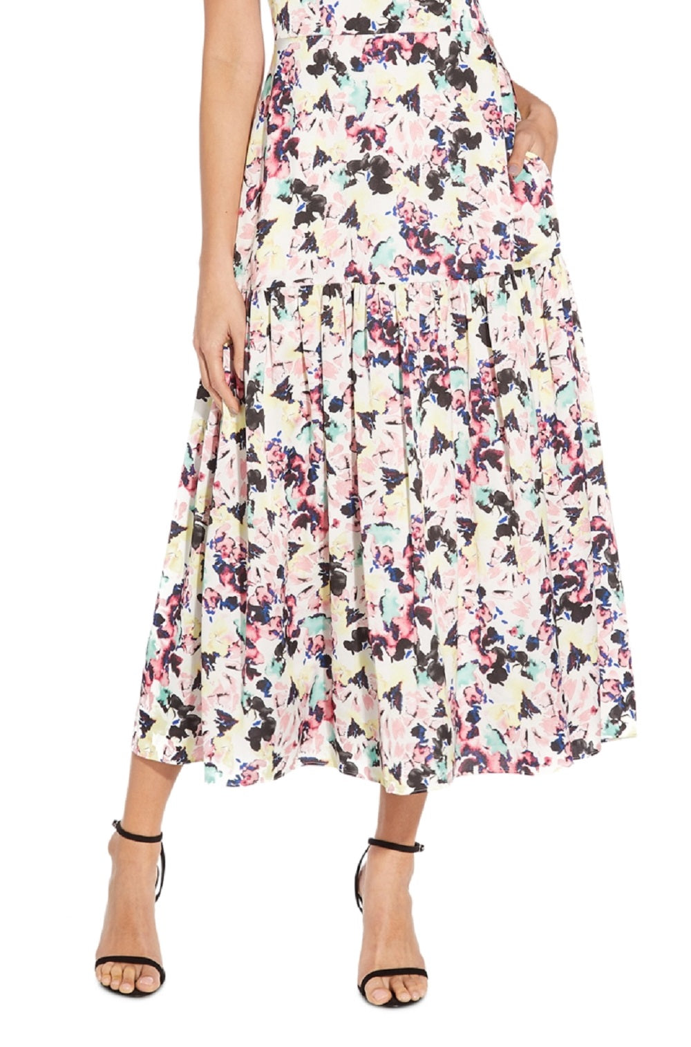 Vestido midi feminino de cetim com estampa floral Aidan By Aidan Mattox, branco, tamanho 12