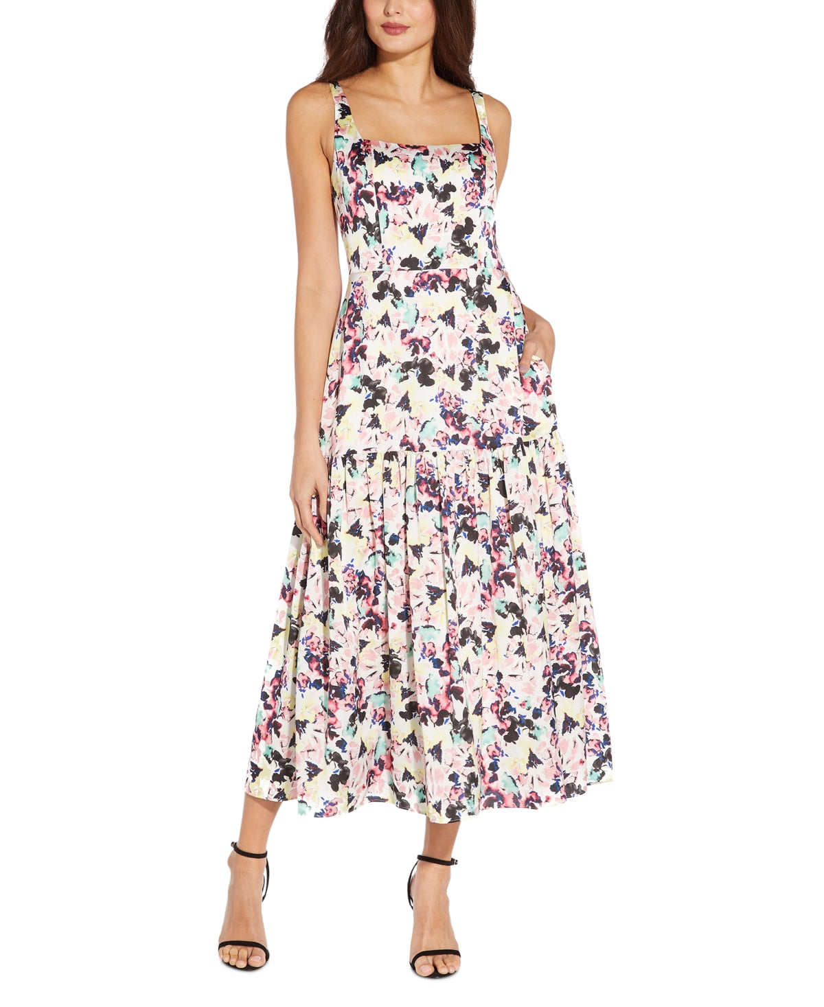 Vestido midi feminino de cetim com estampa floral Aidan By Aidan Mattox, branco, tamanho 12