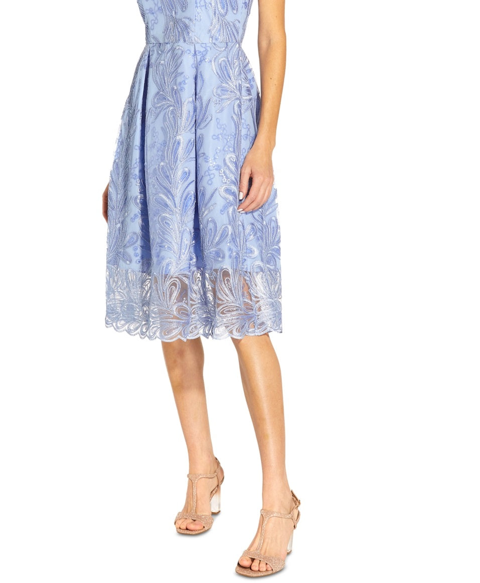 Vestido midi plissado com aplicações Adrianna Papell, tamanho 14, azul