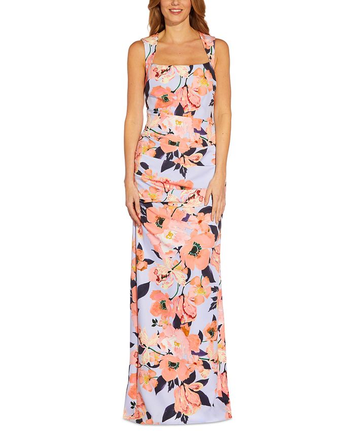 Vestido feminino Adrianna Papell com decote quadrado e estampa floral, azul, tamanho 12, pequeno