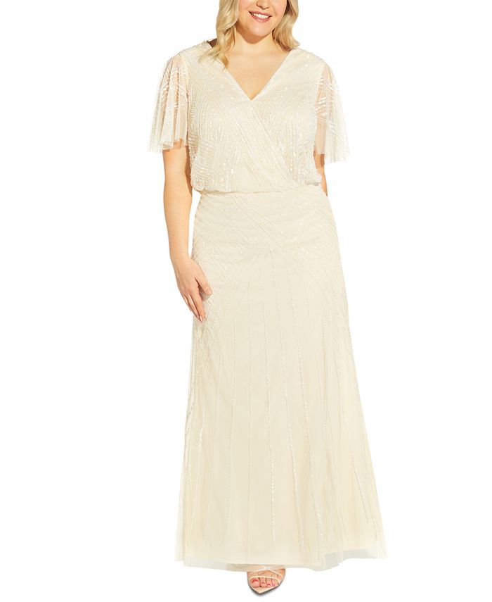 Vestido feminino Adrianna Papell com decote nas costas e contas, branco, tamanho 18