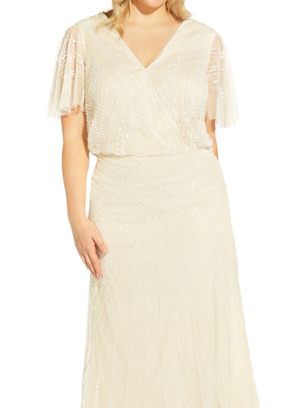 Vestido feminino Adrianna Papell com decote nas costas e contas, branco, tamanho 18