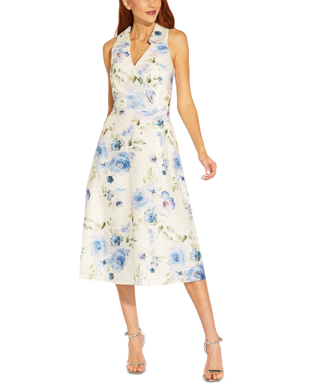 Vestido midi feminino Adrianna Papell com estampa floral azul, tamanho 6, pequeno